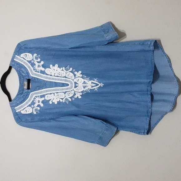 Chico's blouse women 2 chambray embroidered high and low blue casual boho Retro - Picture 1 of 7